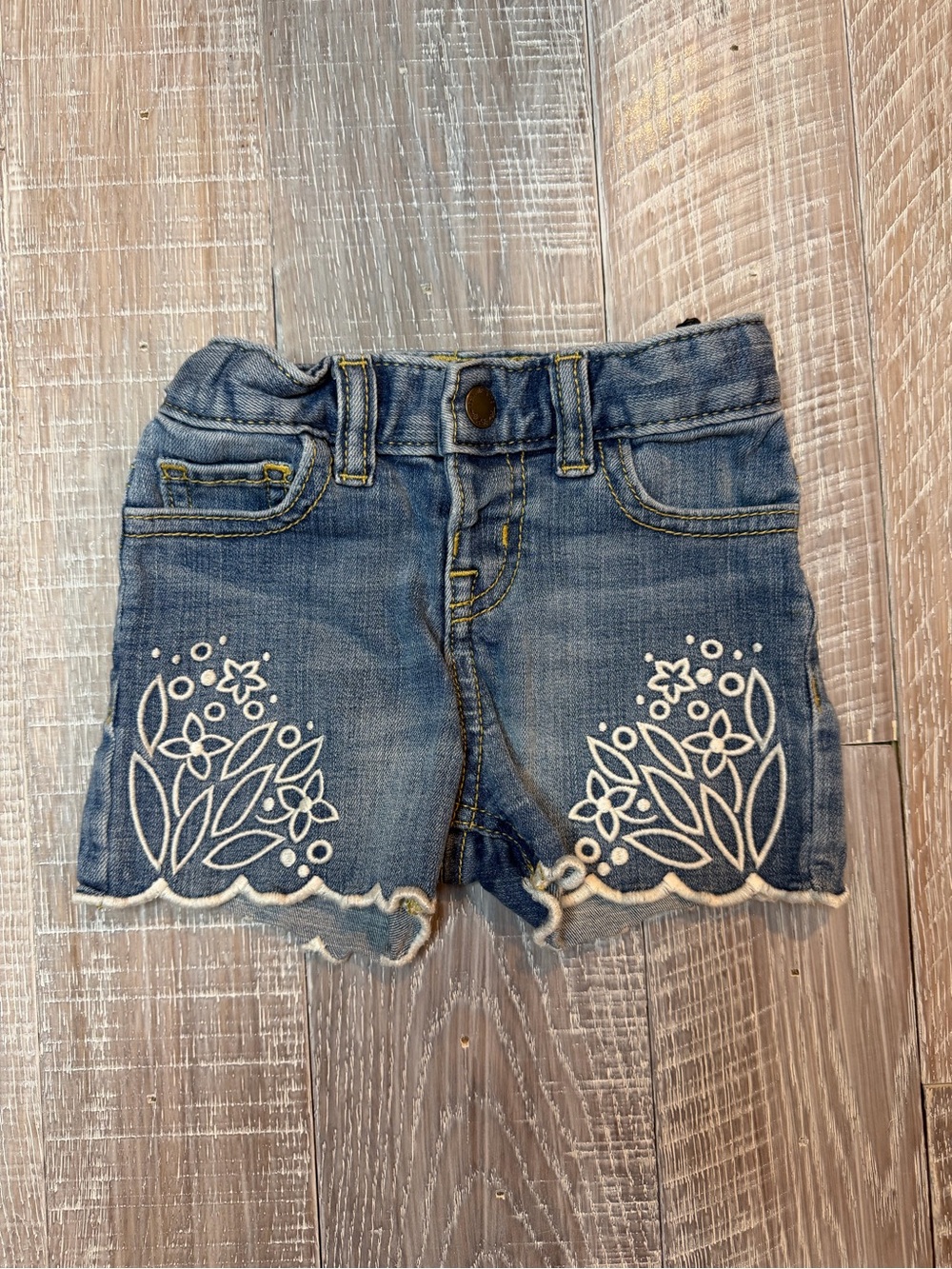 Girls Light Blue Denim Shorts with White Floral Embroidery